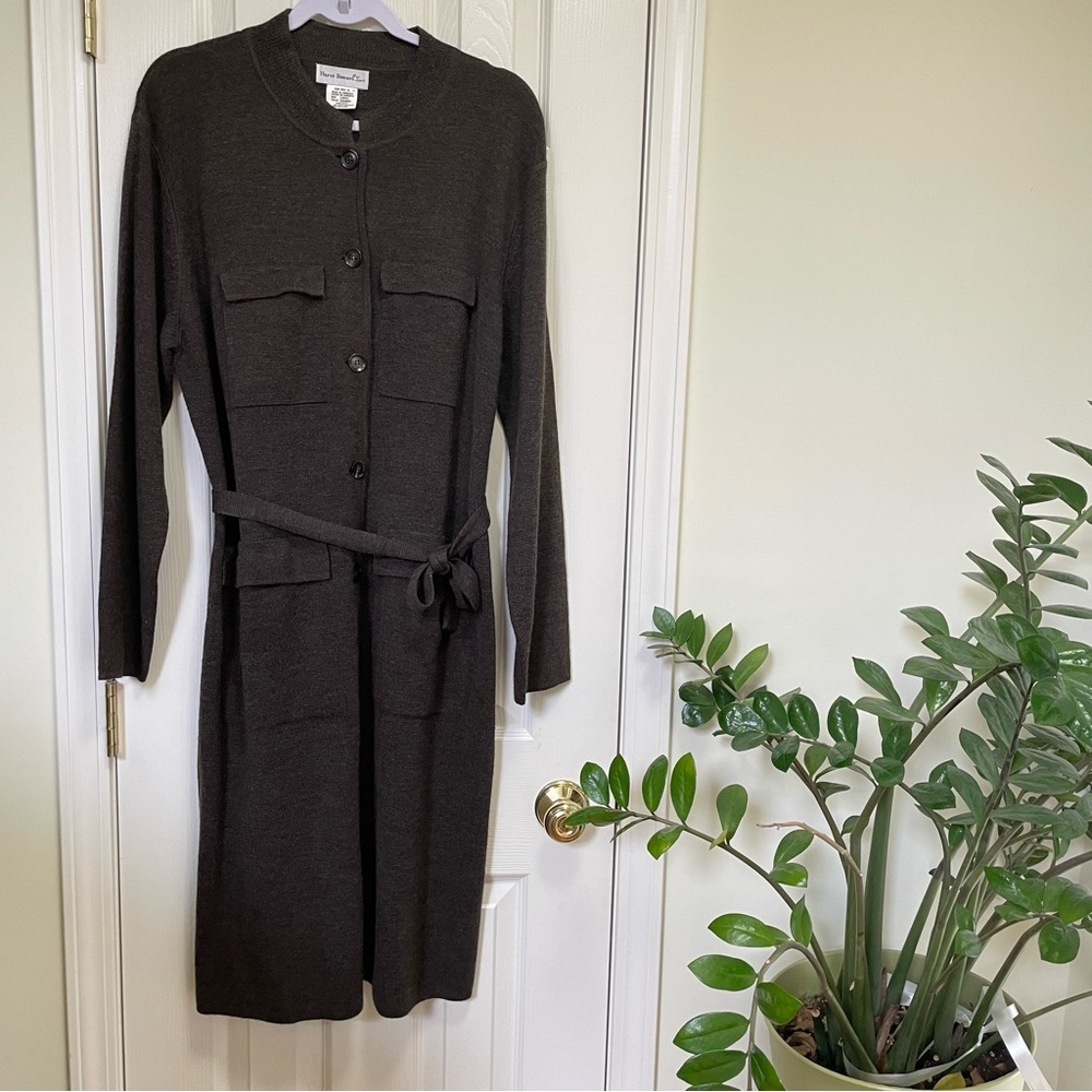 Vintage Harve Bernard wool blend brown shirt dress tie belt L